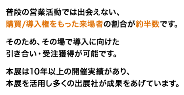 普段の営業活動では出会えない、購買/導入権をもった来場者の割合が5割以上です。